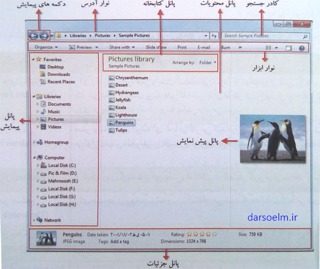 بخش های مختلف پنجره